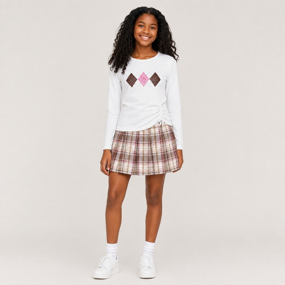 Sweet Butterfly Girls Size L 14/16 White Argyle Top Plaid Pleated Skirt  Preppy